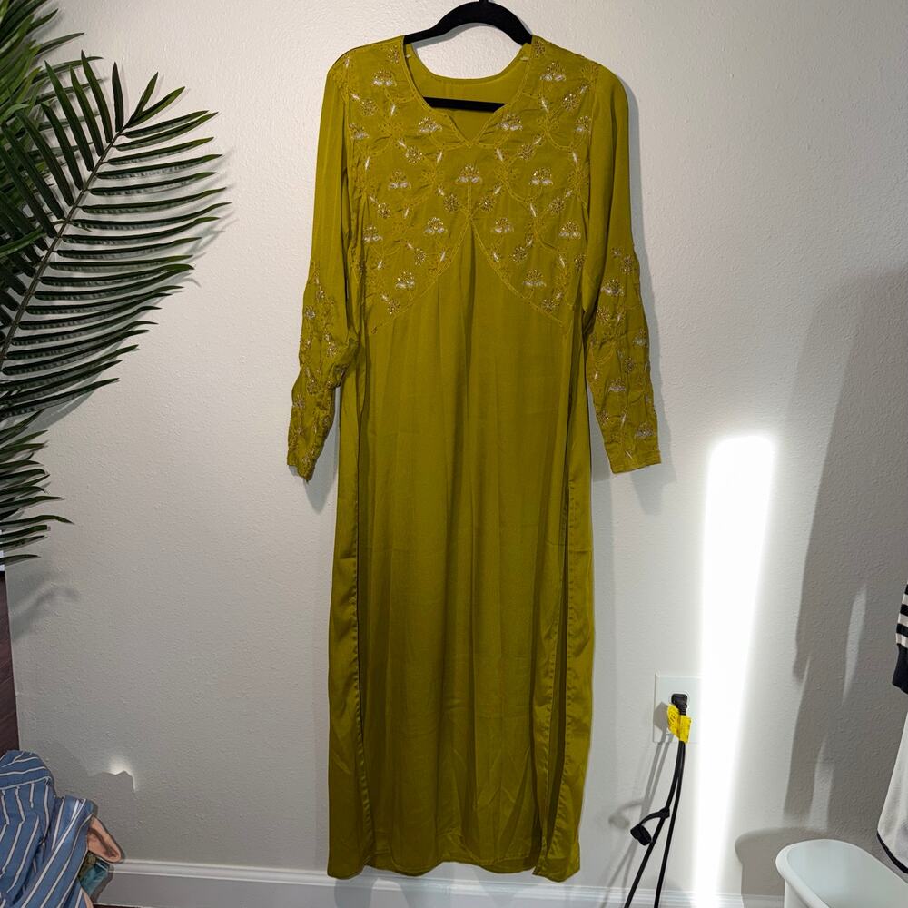 Embellished Silk Maxi Dress Chartreuse‎ Olive Green Sequin Embroidered Kurti⁠